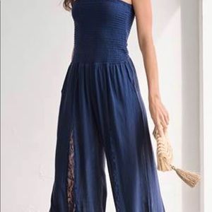 NEW Lace Inset Smocked Jumpsuit in navy blue